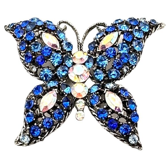 Vintage Jewelry - Vintage Womans Brooch Blue Glass Rhinestone Silver Tone Butterfly Pin Big